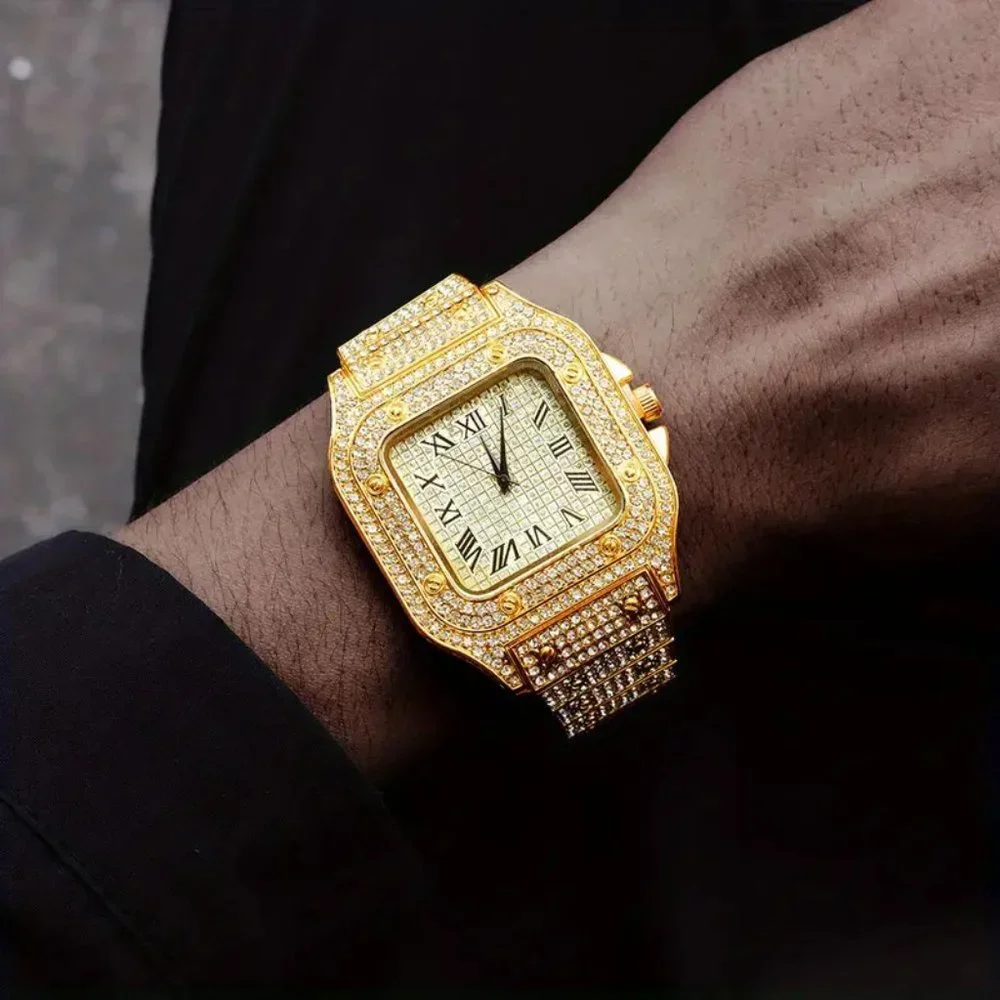 Classic Big Dial Square Cool Hip Hop Style Men's Watch with Stones Gold Plated